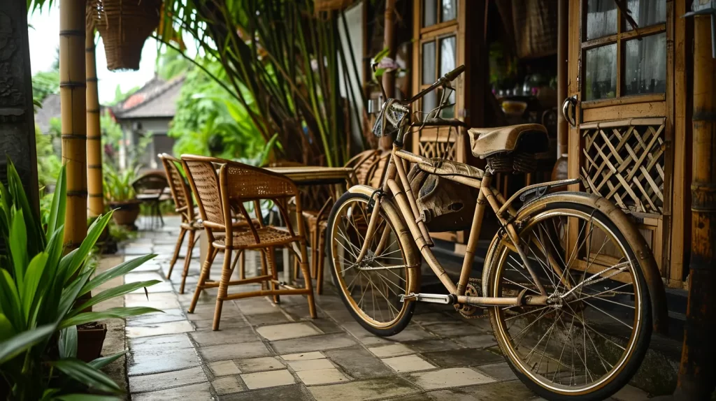 a bamboo bicycle on a patio with a set of bamboo chairs and table