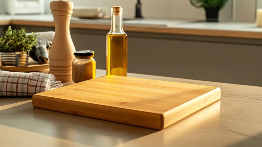 a bamboo cutting board and a bottle of mineral oil in the background. It's important to learn how to care for a bamboo cutting board