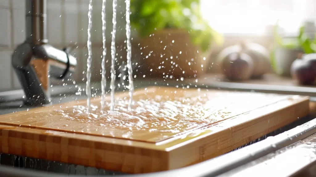 a bamboo cutting board being rinsed gently in a sink. it is important to learn how to care for a bamboo cutting board