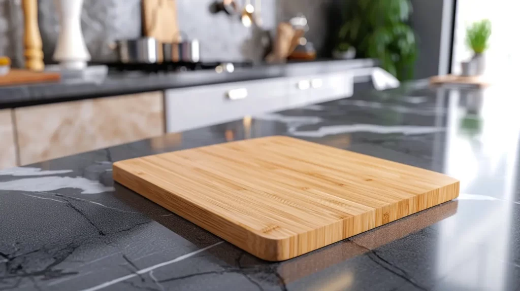 a bamboo cutting board sitting on a counter in a modern kitchen