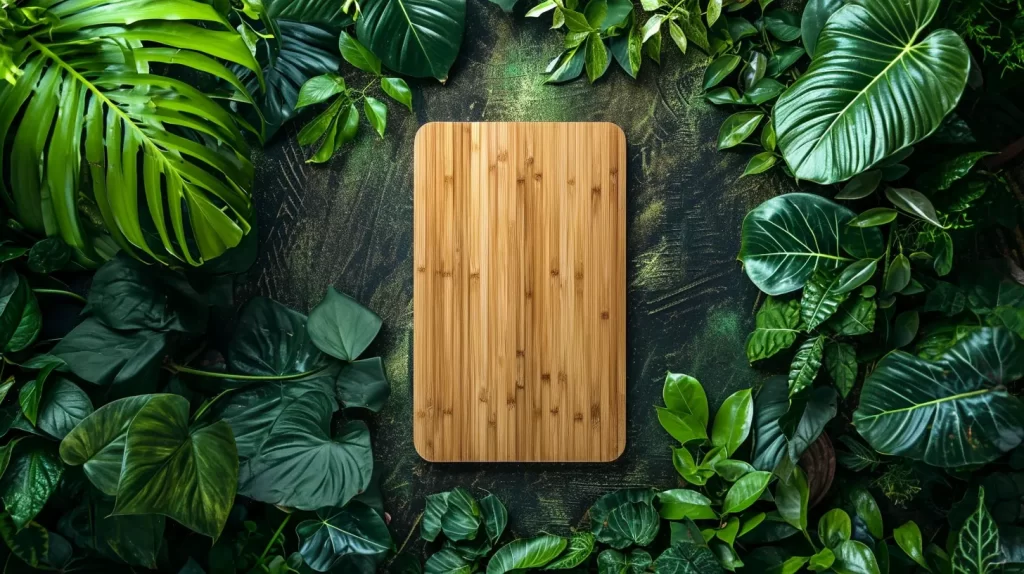 a bamboo cutting board surrounded by greenery