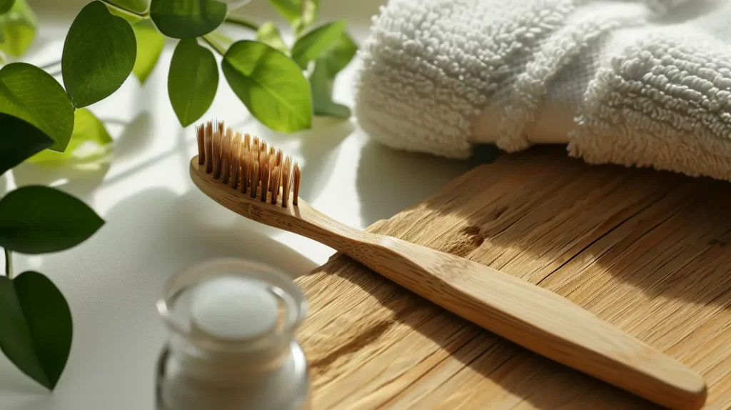 a bamboo toothbrush sitting on a board - close up view with a candle and a towel
