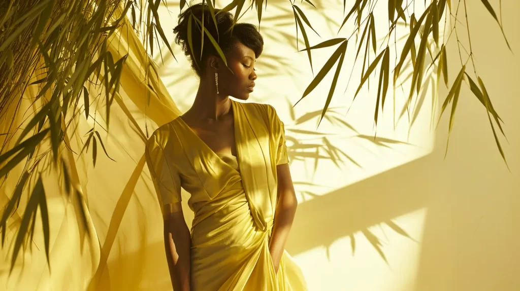 a beautiful woman in a stylish yellow bamboo dress standing amongst bamboo leaves