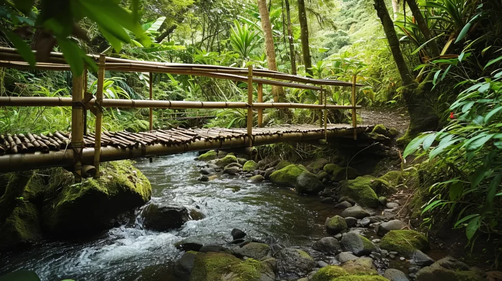 a bridge made exclusively from bamboo spanning a river on a walking or bike path