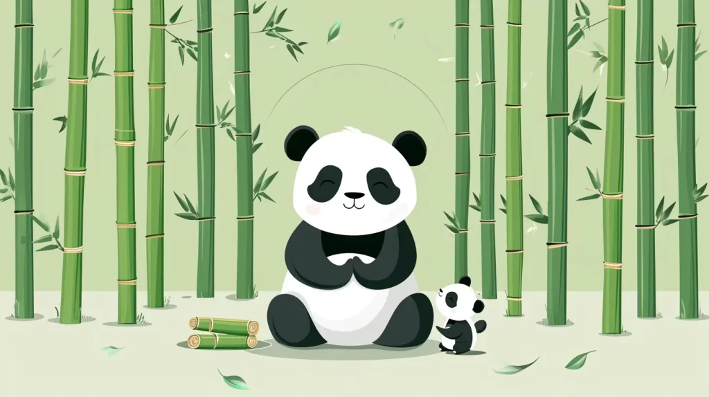 a cartoon depiction of a happy panda and cub meditating amongst bamboo - harmony with nature