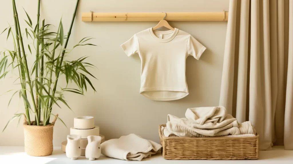 a childs bamboo shirt on a hanger along with a basket of bamboo clothing and green bamboo stalks in the corner