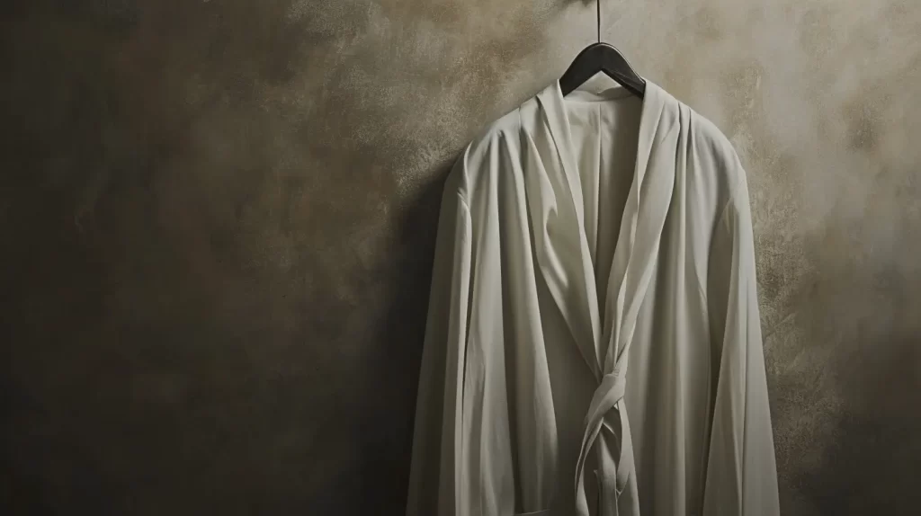 a closeup of a sheer white bamboo robe on a hanger