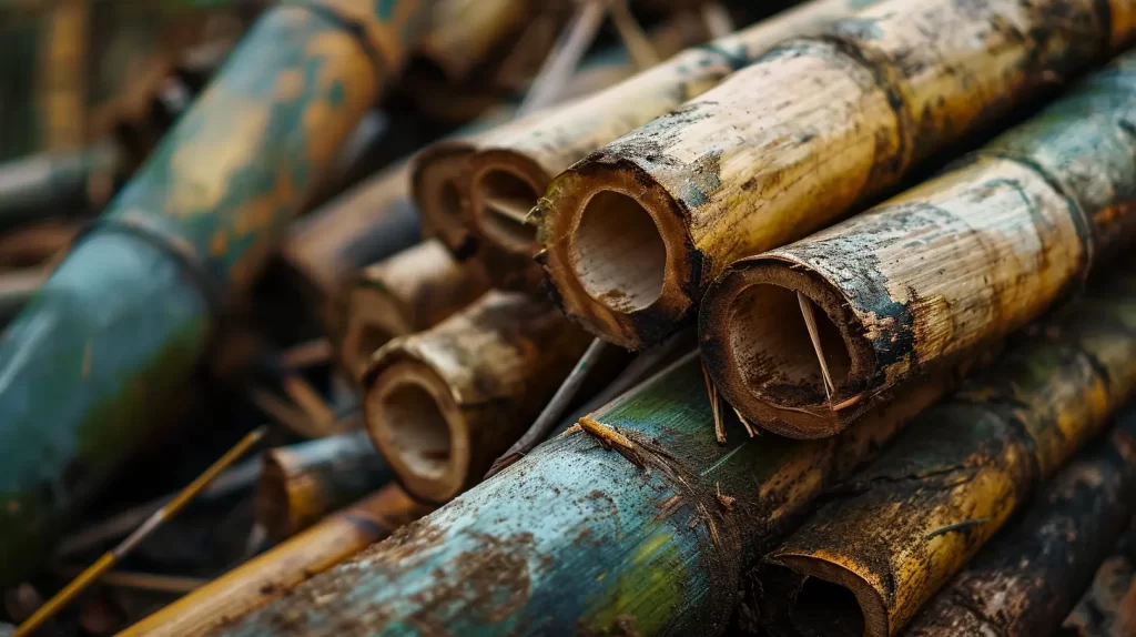 a closeup on the ends of cut bamboo stalks showing the density and strength