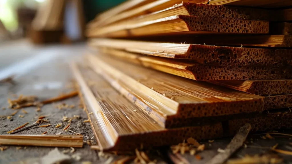 a closeup on the ends of some bamboo flooring over emphasizing the structure of the bamboo