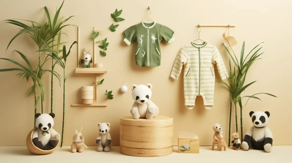 a display of stuffed animals featuring pandas with two bamboo outfits hanging on hangers on the wall