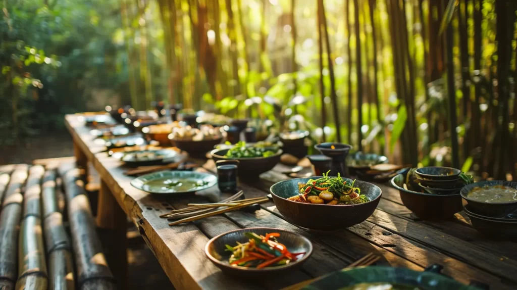 a diverse set of dishes featuring edible bamboo shoots as a primary ingredient on a dining table outside
