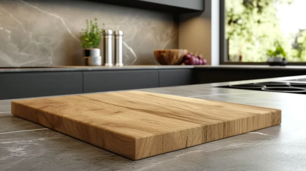 a dried out wooden cutting board sitting on a counter in a modern kitchen