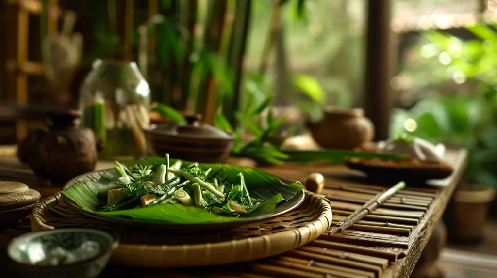 a fresh salad sitting on a large bamboo leaf