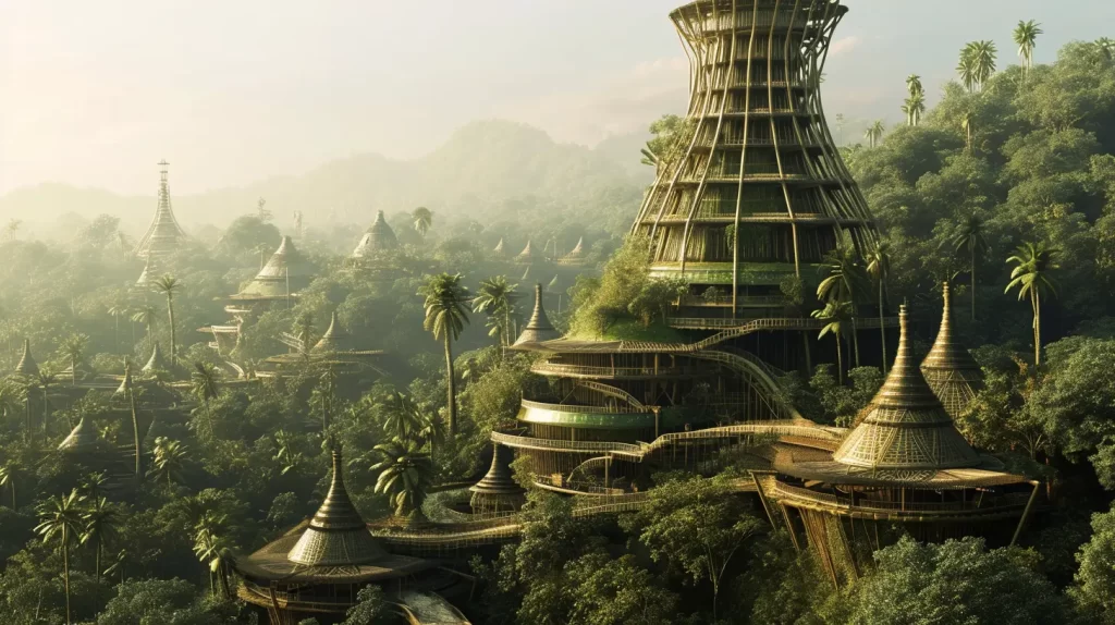 a futuristic looking city nestled in the jungle with the buildings made out of bamboo