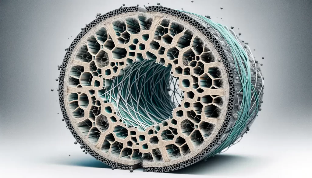 a cross-sectional view of bamboo fibers intertwined with carbon in a composite material