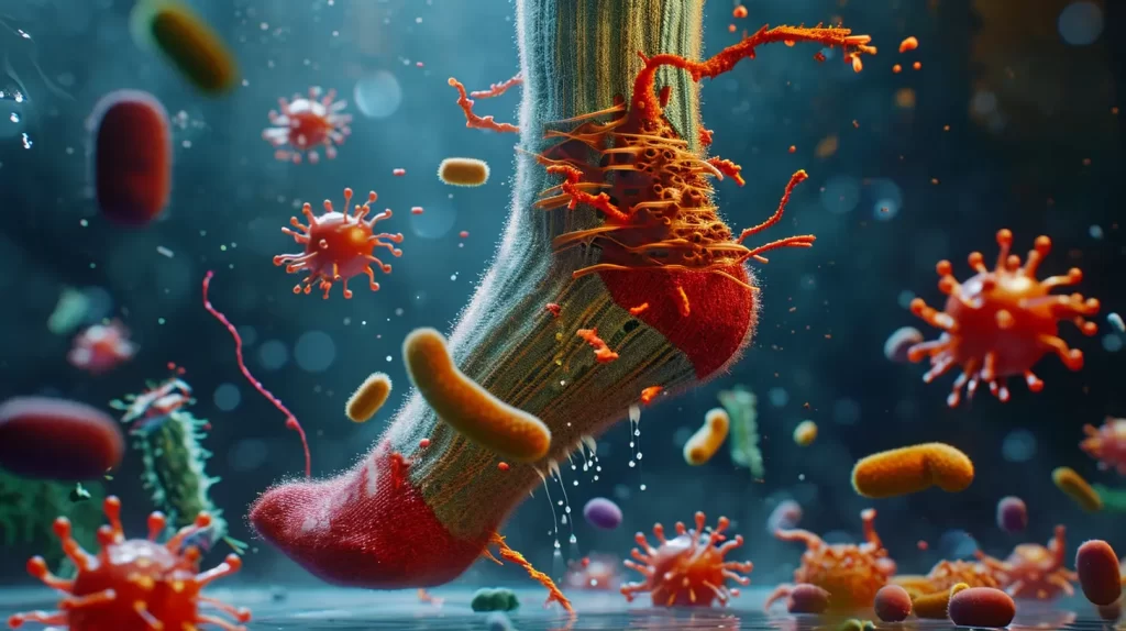 a graphical image of a sock and large disproportionate germs and bacteria floating in the air and on the sock