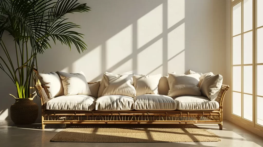 a luxurious couch made of bamboo in a well lit living area