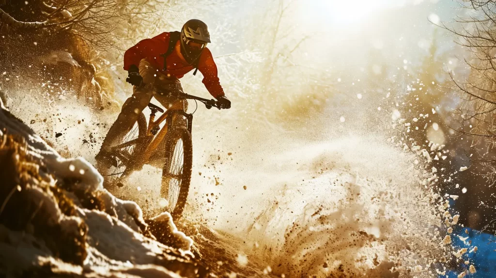 a mountain biker navigating rough terrain along a creek on a bicycle made from bamboo