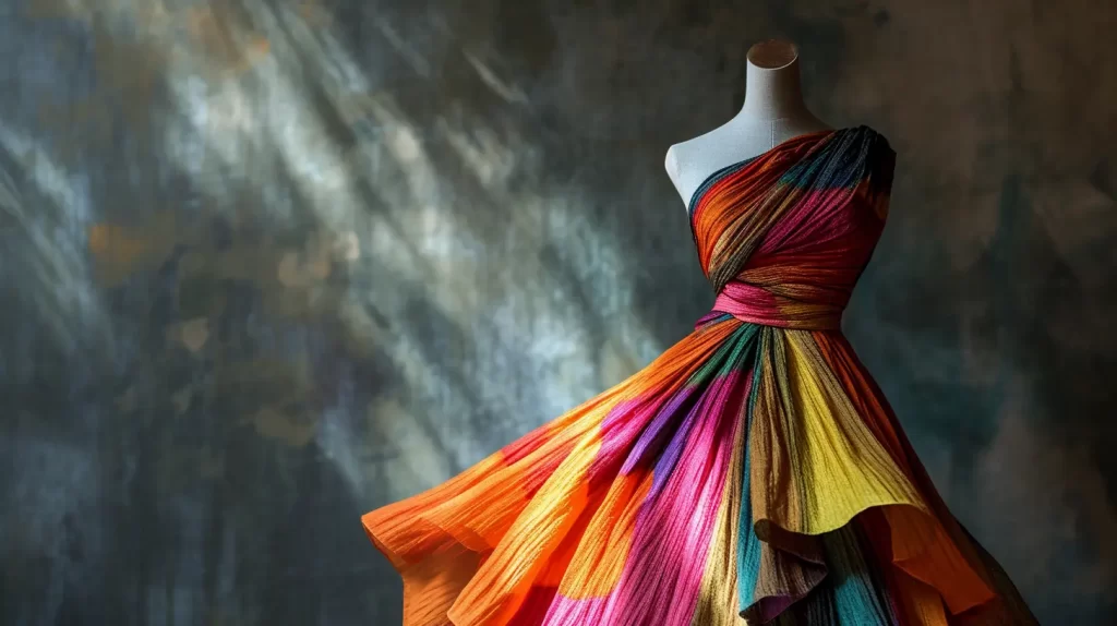 a multi color bamboo dress made of very vibrant colors on a sewing dummy