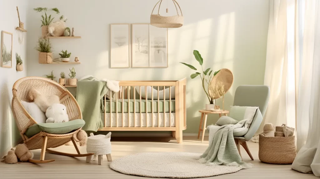 a nursery featuring bamboo furniture, bamboo decor, and various items made from bamboo fabrics - all natural tones