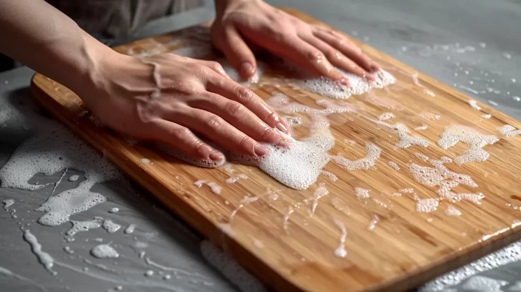a pair of hands gently scrubbing a bamboo cutting board