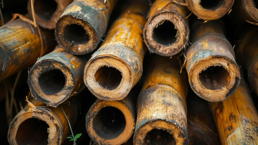 a stack of harvested bamboo poles closeup on the cut ends