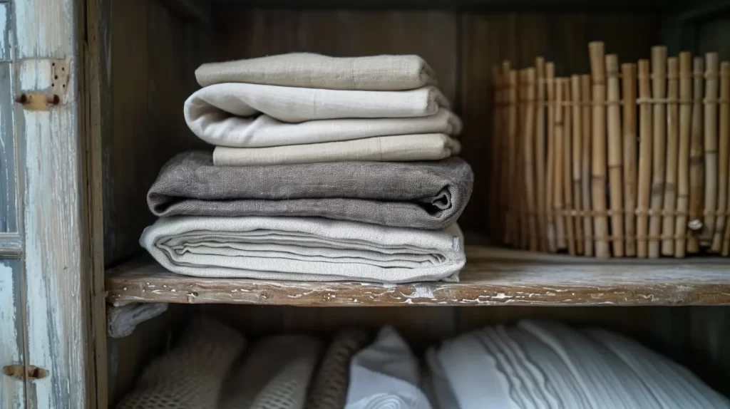 a stack of natural bamboo fabric on a rustic shelf with bamboo along side