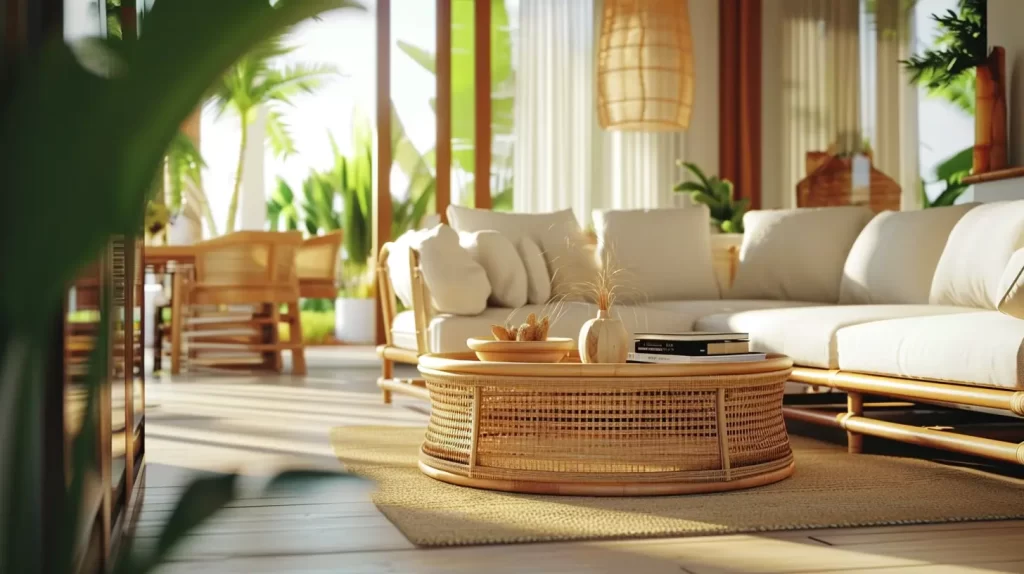 a vibrant living area featuring bamboo furniture and various other items made from bamboo and bamboo fabrics