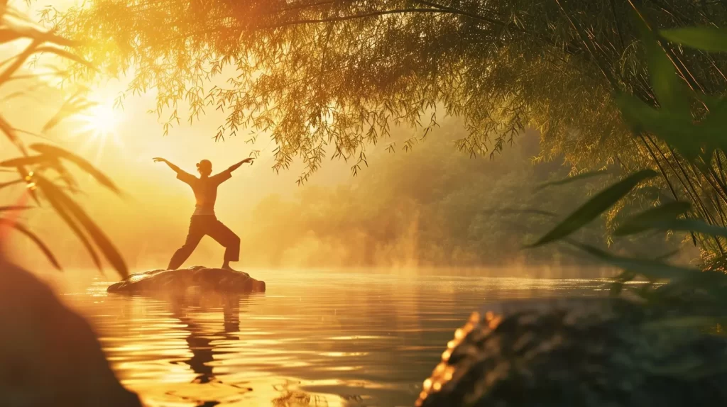 a woman doing yoga on a rock in the middle of water surrounded by a bamboo forest