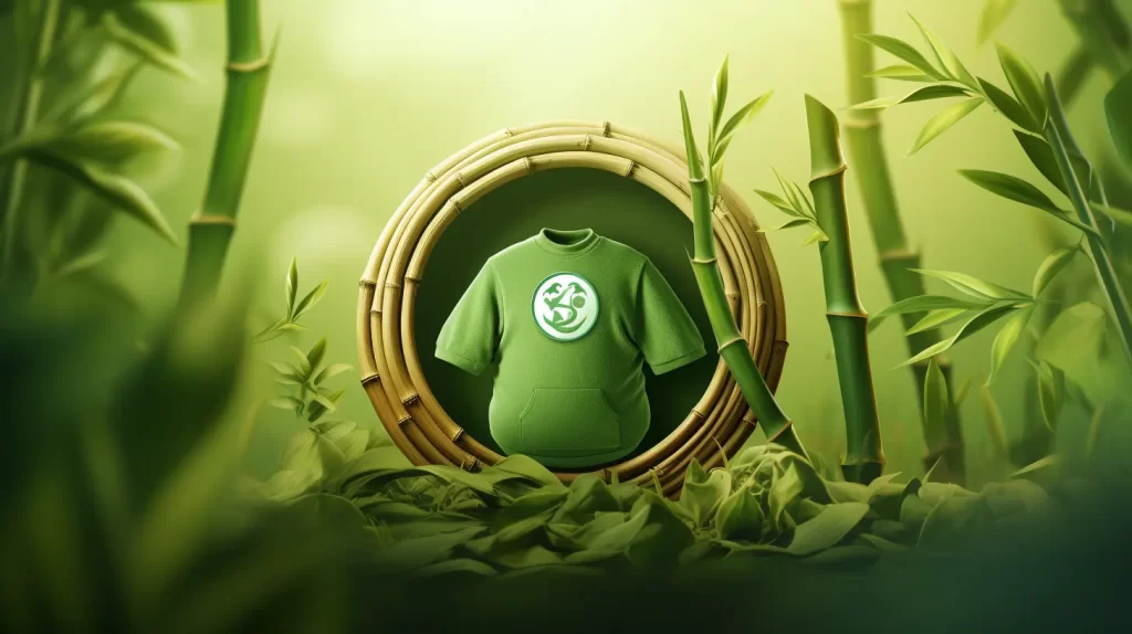 an illustration of a bamboo baby shirt in a circle of bamboo representing the sustainability and eco friendly nature of bamboo products