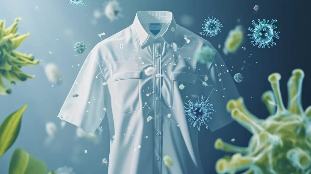 an illustration of a bamboo shirt with germs floating around it as if the bamboo shirt is immune to the infection