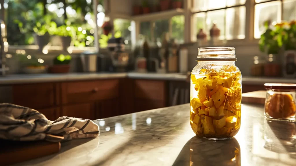 an open jar of picked edible bamboo sitting on the counter in a well lit kitchen