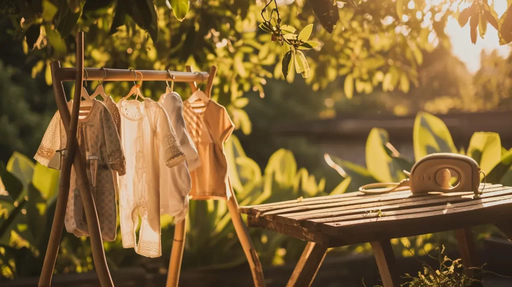 bamboo baby clothes hang drying in natural sunlight
