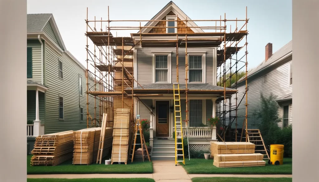 bamboo scaffolding being used in residing of a house