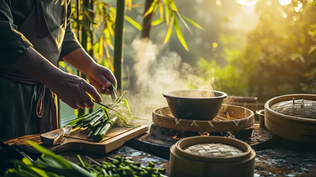 bamboo shoots being cut and prepped for food