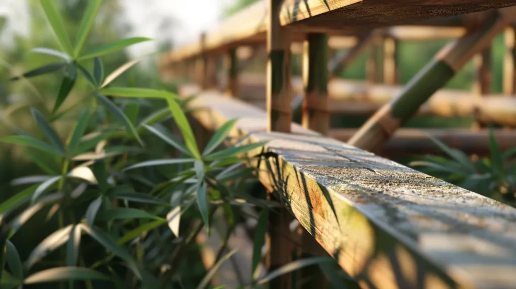 bamboo stalks supporting traditional wood beams for strength and support