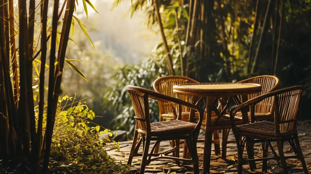 bamboo table and chairs outdoors sitting in the morning sunlight