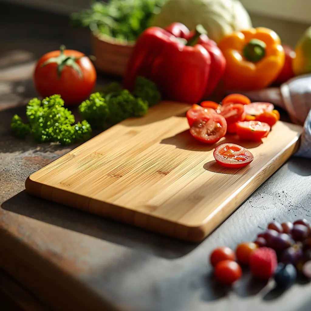 featured image - a bamboo cutting board with various fruits and vegetables including sliced tomatoes on the board