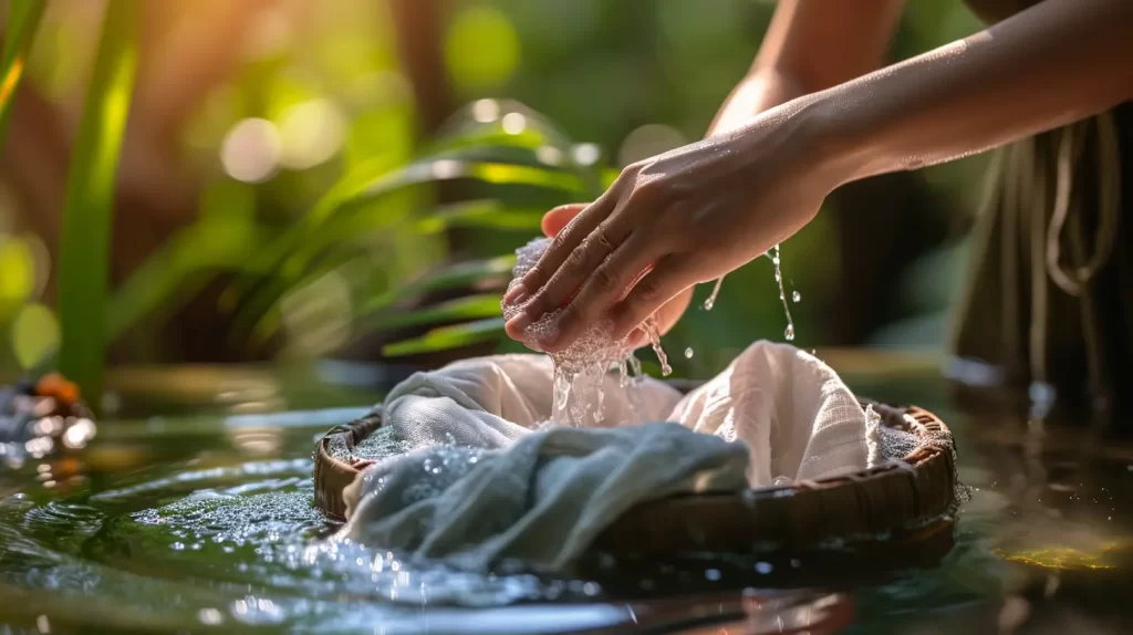 hands gently washing bamboo fabrics in water with a natural soft detergent