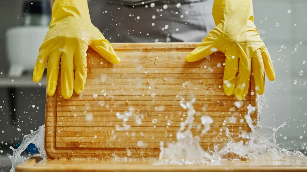 hands in a pair of rubber gloves washing a bamboo cutting board with water splashing all up around the board
