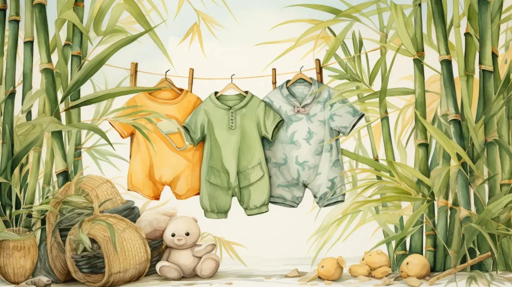 illustration of 3 bamboo baby outfits hanging on a clothes line outside between bamboo plants - feels fresh