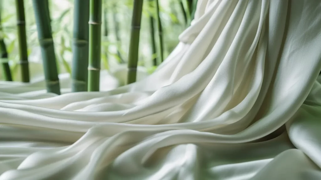 silky bamboo viscose in a light color with green bamboo stalks in the background. bamboo viscose is one of the different types of bamboo fibers