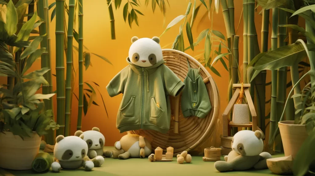 stuffed pandas wearing bamboo clothing amongst bamboo stalks