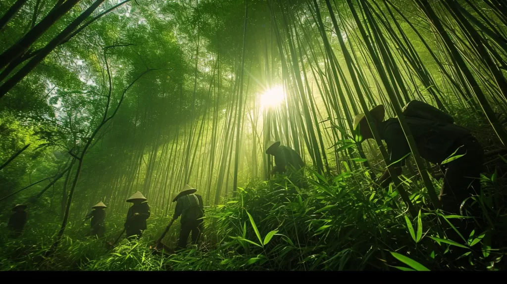 workers handpicking and harvesting bamboo from a bamboo forest