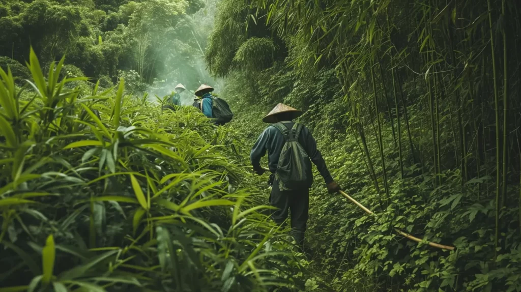 workers walking through an Incredibly lush and humid bamboo forest