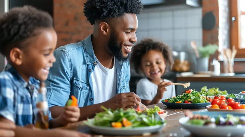 a happy healthy family eating salad at a dinner table. The vegetables were potentially grown with the compost created by using their electric kitchen composters